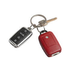 Two car keys, one silver, one red, on a keyring