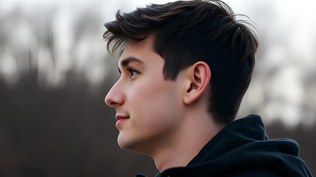 Close-up portrait in profile of an ordinary guy. Appearance young man. Man looks into distance. Calm and satisfaction with life. Positive emotions from loneliness during self-isolation