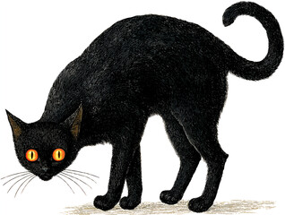 Black cat with arched back and glowing eyes, illustration, full body view, white background.
