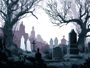 Spooky graveyard scene with tombstones and ghostly figures, viewed from a low angle amidst bare trees.
