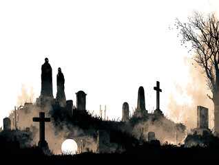 Spooky graveyard scene with tombstones, ghostly figures, and a bare tree against a bright sky. Atmospheric and eerie.

