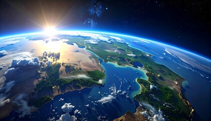 Stunning View of Earth from Space with Sunrise and Cloud Formations.