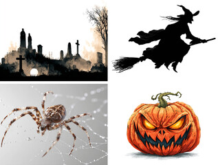 Halloween image sticker pack isolated on transparent background, skeleton, ghost, zombie hand, spider, symbols of the Halloween