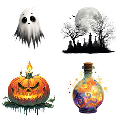 Halloween image sticker pack isolated on transparent background, skeleton, ghost, zombie hand, spider, symbols of the Halloween