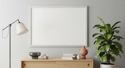 Clean Modern Interior Mockup with a Blank Horizontal Frame Above an Oak Sideboard.