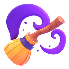 Witch&rsquo;s Broom 3D Icon &mdash; Fantasy & Mystic Enchanted Broomstick, Magical Flight Relic, Arcane Artifact, Occult Symbol, and Mystical Charm for Games, Apps, and Creative Design Projects
