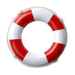 A red and white lifebuoy designed for water safety, providing flotation and aiding in rescue situations.