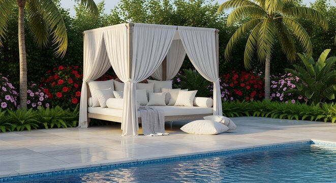 White cabana with plush cushions and draped fabric next to a swimming pool and tropical garden