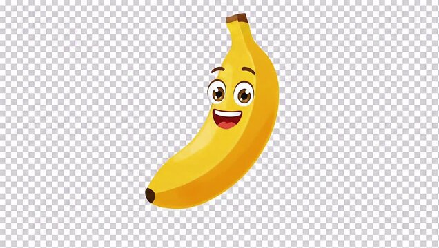 A cheerful cartoon banana with expressive eyes and a wide smile.