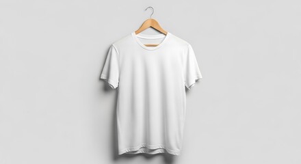White cotton crew neck t-shirt hanging on a wooden hanger against a clean wall. Versatile and blank apparel mockup for showcasing custom fashion designs or branding