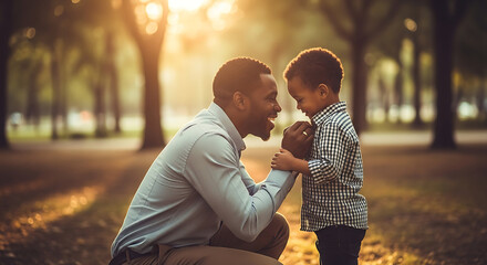 Loving African American father and son sharing a tender moment in a sunlit park during sunset