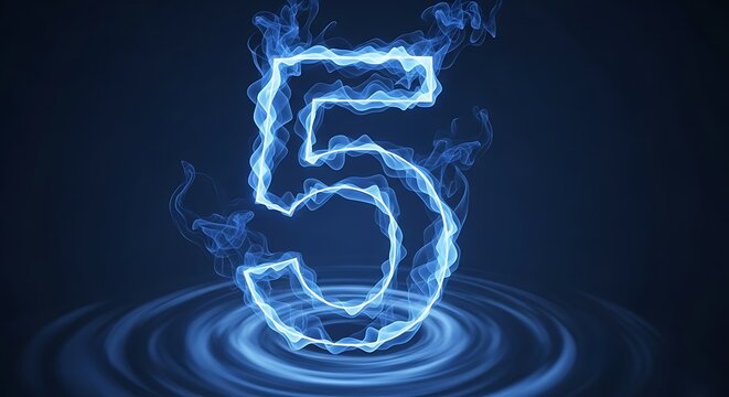 Blue glowing number five with electric energy effect on dark background.