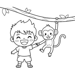 Happy boy and monkey hanging from tree isolated on white background