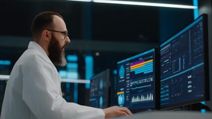 Scientist in Lab Coat Analyzing Complex Data on Multiple Computer Screens. - Powered by Adobe