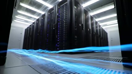Digital information streaming through a modern data center server room with powerful computer racks for cloud computing - Powered by Adobe
