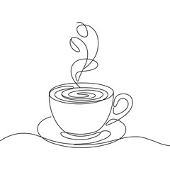 Continuous line drawing of hot coffee or tea cup with steam rising vector illustration minimalist design simple coffee shop logo concept