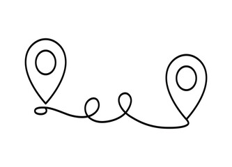 Fototapeta premium Continuous Line Drawing of Two Location Pins Connected by a Winding Path on White Background Design Concept