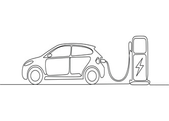 Electric Car Charging at Station Continuous Line Drawing Eco Friendly Vehicle Recharge Illustration Minimalist Design Clean Energy Concept and Sustainable Transportation Solution