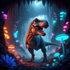 Tyrannosaurus Rex in a Glowing Mushroom Cave