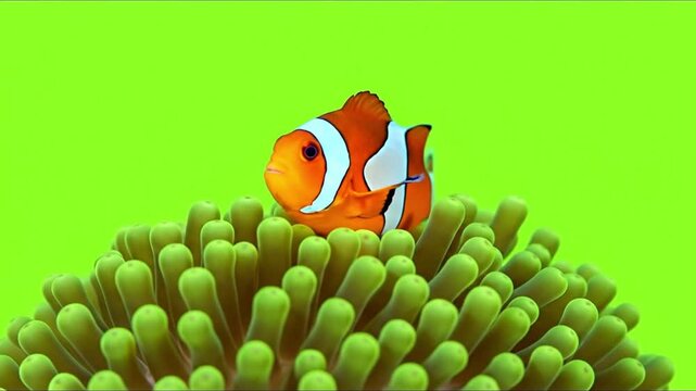 A vibrant orange and white clownfish nestles in a green sea anemone against a solid green background.