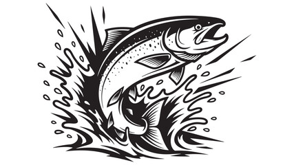 Stylized Black and White Salmon Leaping Upward with an Open Mouth