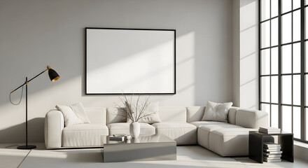 Modern Minimalist Living Room Interior Design Mockup Large Window Sunlight