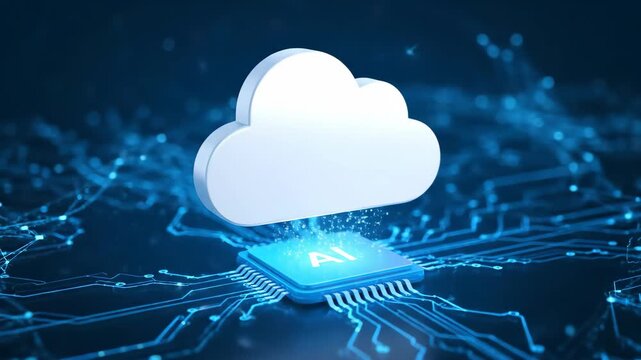 Cloud Icon with Glowing AI Chip Showcasing Digital Transformation, Artificial Intelligence, and Innovation in Technology Amid Futuristic Circuit Board Design