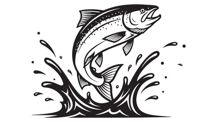 Stylized Black and White Salmon Leaping Upward with an Open Mouth