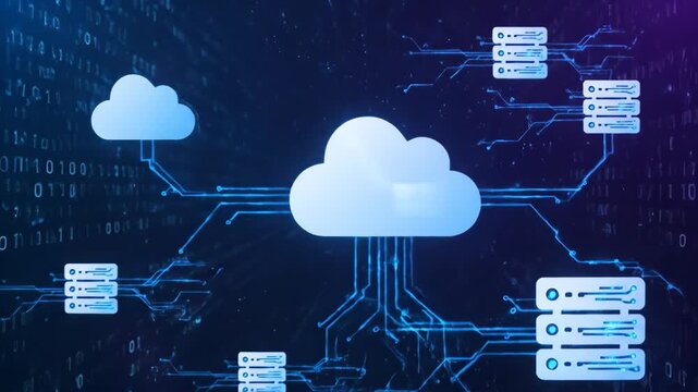 Cloud Computing Concept with Central Cloud Icon, Glowing Server Symbols, and Digital Circuits Representing Data Storage, Network Systems, Technology Innovation, and Futuristic Digital Connections