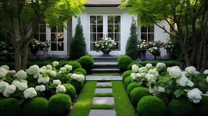 Tranquil retreat showcasing meticulously manicured garden with elegant pathway and sophisticated