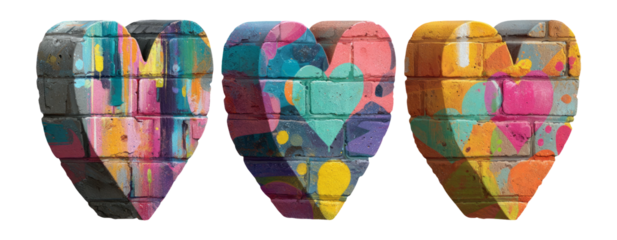 Colorful Heart-Shaped Bricks with Graffiti Art on Transparent Background
