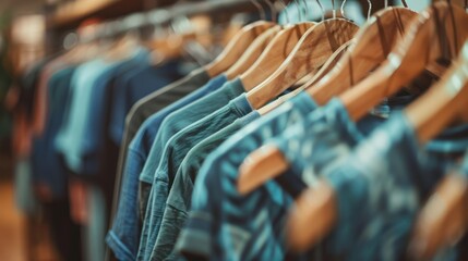 Obraz premium Colorful Casual T-shirts Hanging on Wooden Hangers in Clothing Store