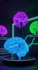 Glowing Neon Brains Representing Futuristic AI and Technology