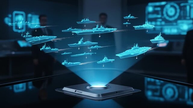 Futuristic Naval Fleet Hologram Display in Strategic Command Center Simulation