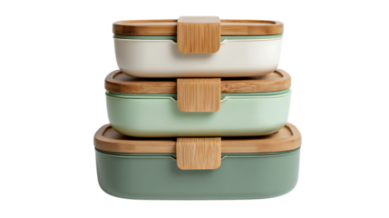 Stack of three rectangular food containers with wooden lids isolated on transparent background