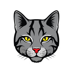 Bold vector illustration of a grey tabby cat mascot head with intense yellow eyes.