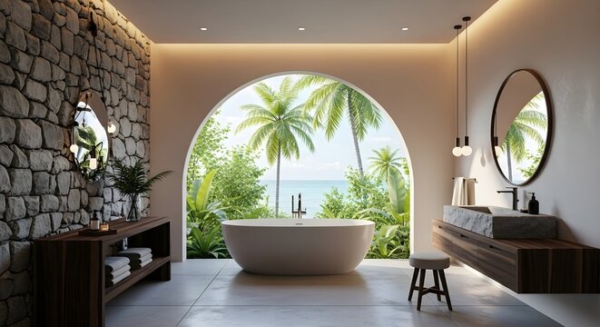 Modern bathroom with freestanding bathtub and stone sink overlooking tropical ocean view - Powered by Adobe
