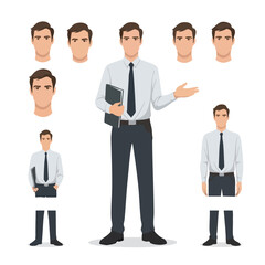 Businessman character creation set with customizable heads hairstyles and different body poses.
