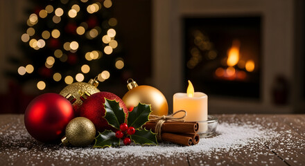 A cozy christmas scene featuring ornaments, holly, cinnamon sticks, and a candle creates a warm and inviting atmosphere against a blurred background with a christmas tree and fireplace