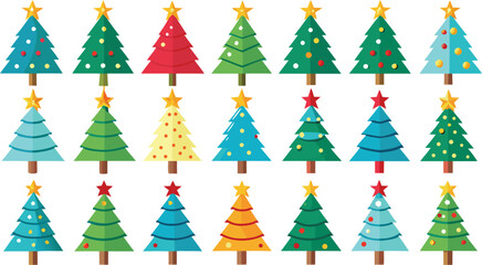 Christmas trees set isolated on transparent background. Colorful winter trees bundle for holiday xmas and new year. Vector illustration