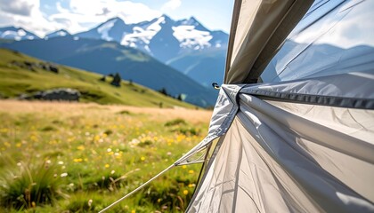 Fototapeta premium Mountaintop Camping Tent View Landscape.