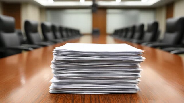 Stack of White Papers on a Polished Wooden Table in a Boardroom.