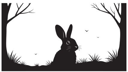 Black and White Silhouette of a Rabbit in a Forest Landscape