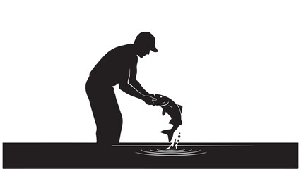Silhouette of an Angler Releasing a Fish into Water