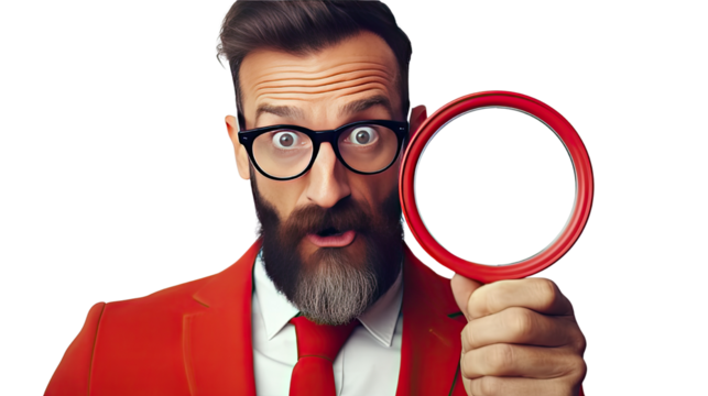 man looking through a magnifying glass on white background