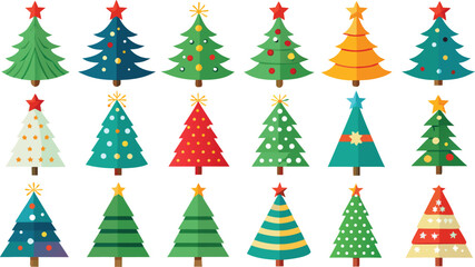Christmas trees set isolated on transparent background. Colorful winter trees bundle for holiday xmas and new year. Vector illustration