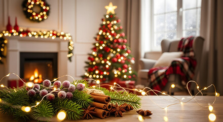 A cozy christmas scene with a decorated tree, fireplace, and festive table arrangement creates a warm and inviting holiday atmosphere