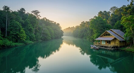 Fototapeta premium Serene Nature Scene with House and Clear Water River Surrounded by Lush Green Forest at Dawn