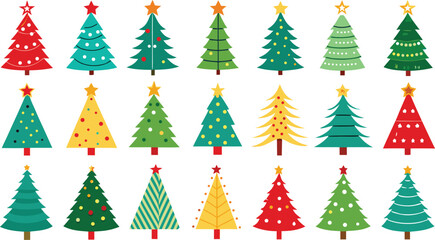 Christmas trees set isolated on transparent background. Colorful winter trees bundle for holiday xmas and new year. Vector illustration