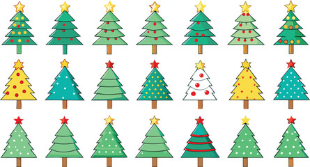Christmas trees set isolated on transparent background. Colorful winter trees bundle for holiday xmas and new year. Vector illustration